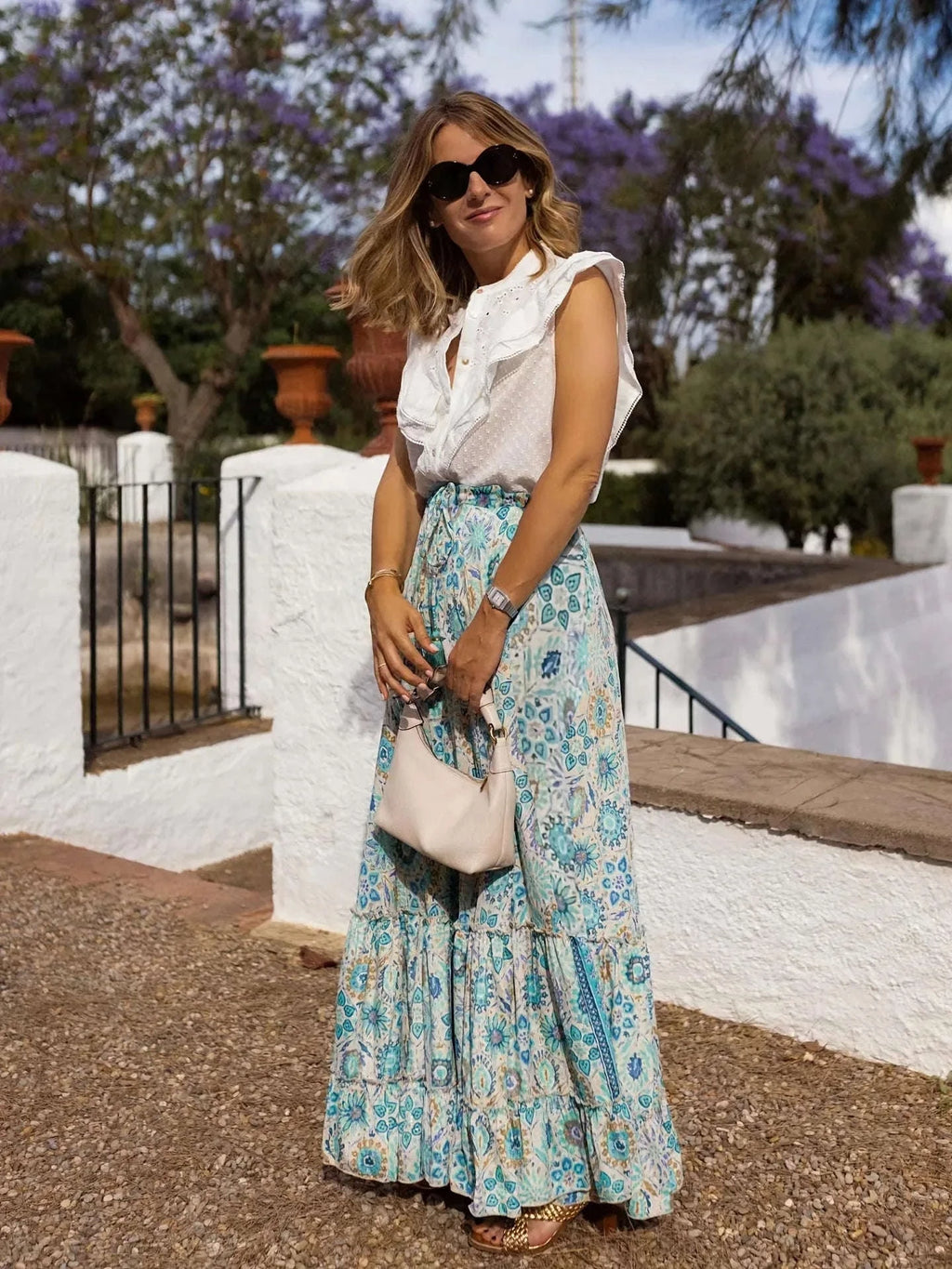 🌟 Elegant Women Green Print Elastic Waist Skirt Spring Summer Femme Patchwork Slim Skirt Streetwear Casual Ankle-Length Long Skirt