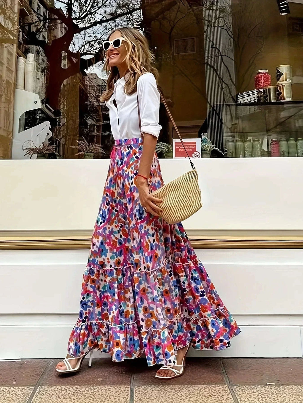 🌟 Elegant Women Green Print Elastic Waist Skirt Spring Summer Femme Patchwork Slim Skirt Streetwear Casual Ankle-Length Long Skirt