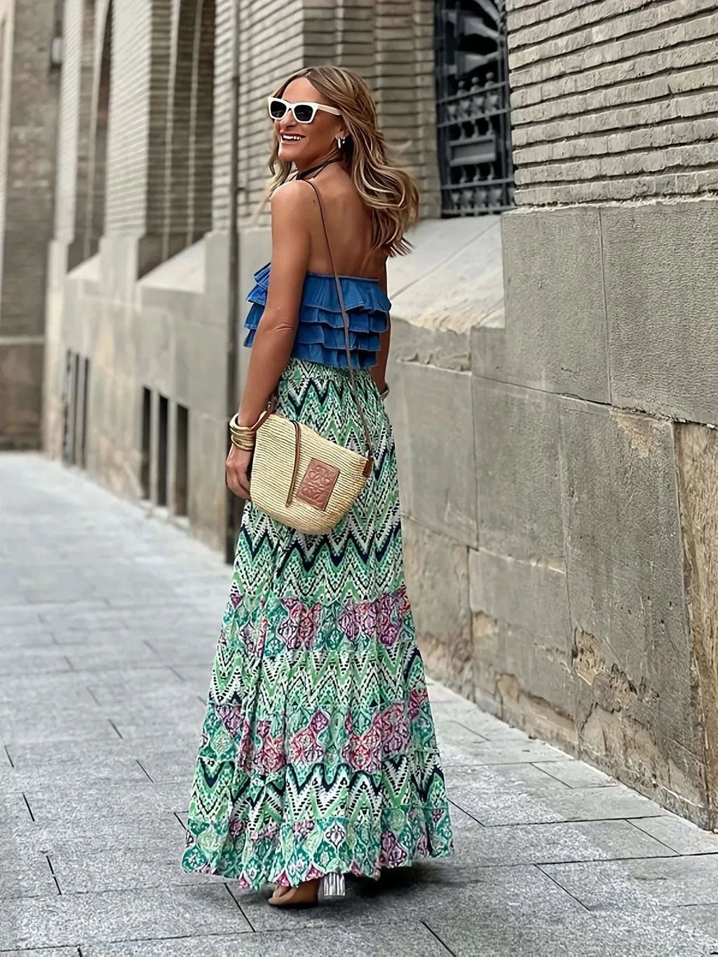 🌟 Elegant Women Green Print Elastic Waist Skirt Spring Summer Femme Patchwork Slim Skirt Streetwear Casual Ankle-Length Long Skirt