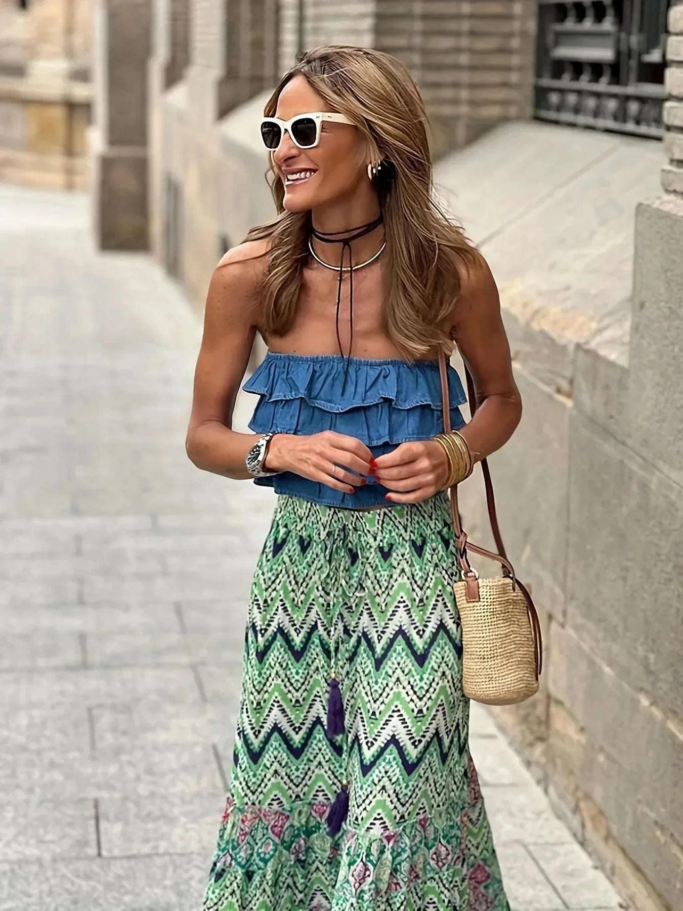 🌟 Elegant Women Green Print Elastic Waist Skirt Spring Summer Femme Patchwork Slim Skirt Streetwear Casual Ankle-Length Long Skirt