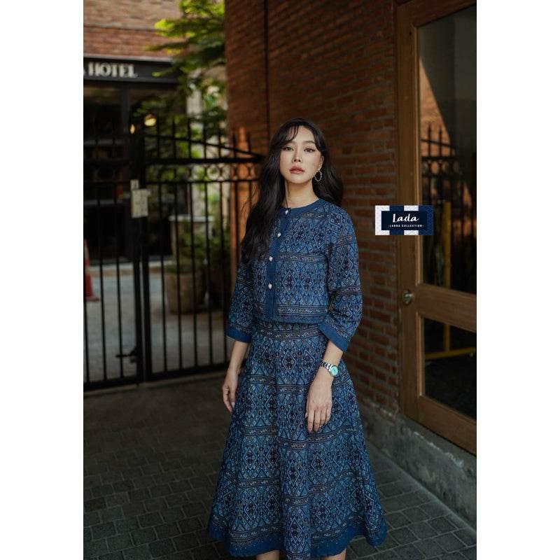 Elegant Wrap Top and Skirt Set in Old Praewa Pattern | 8-Piece Pleated Skirt Outfit Available in 3 Colors