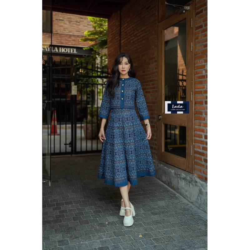 Elegant Wrap Top and Skirt Set in Old Praewa Pattern | 8-Piece Pleated Skirt Outfit Available in 3 Colors