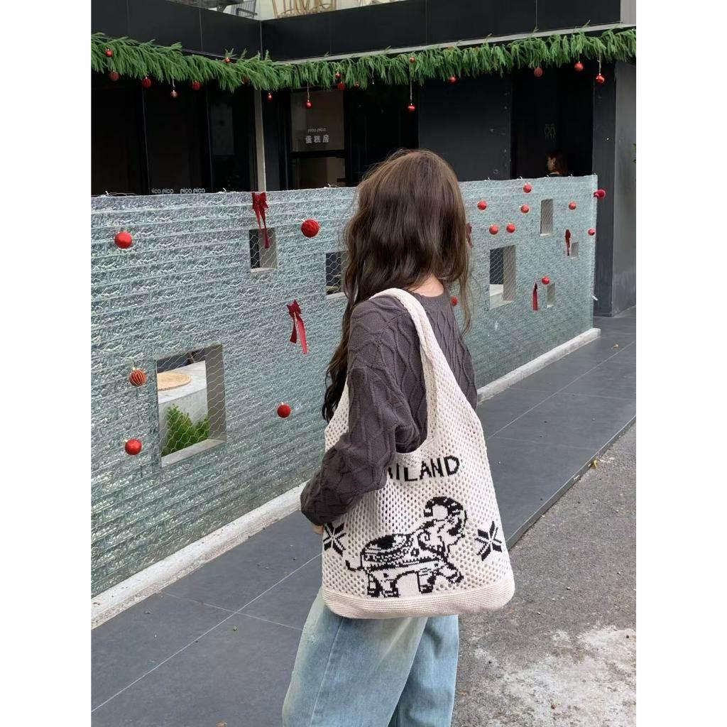 Elephant Pattern Shoulder Bag - Handmade Cotton Rope Tote for Women | 38cm x 40cm with 30cm Strap