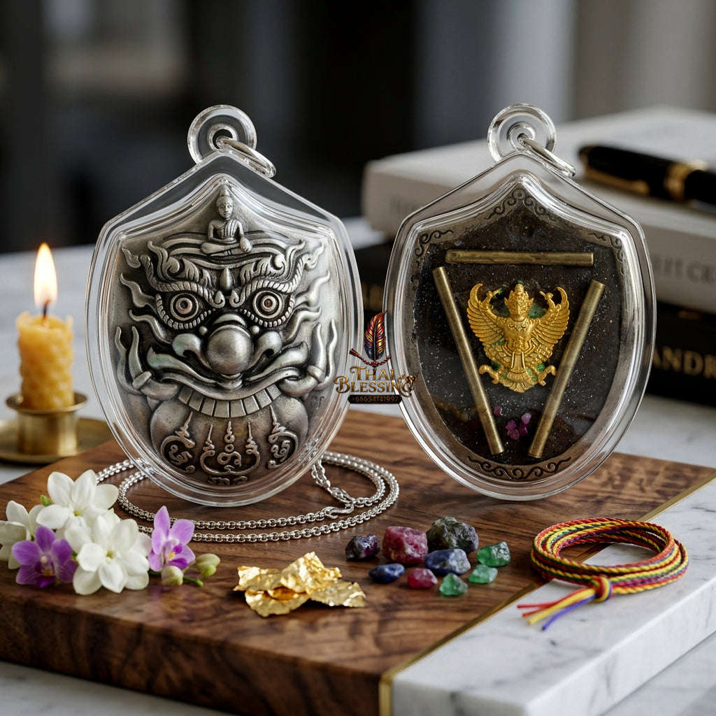 ✨ [Elite Wealth & Elevation] Sacred Phra Rahu Destiny-Support Satin-Silver Bronze Talisman – Garuda-Blessed by Luang Pu Nen Kaew (2012 Rare Relic) Thai Blessing Co By RURUECHA