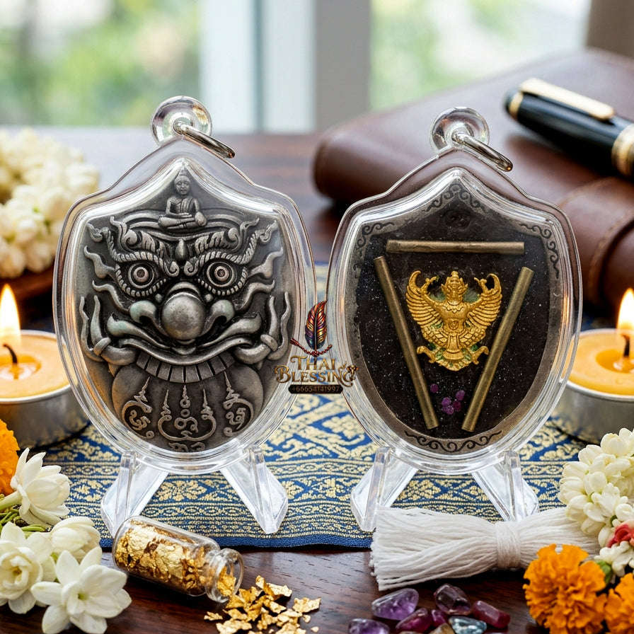 ✨ [Elite Wealth & Elevation] Sacred Phra Rahu Destiny-Support Satin-Silver Bronze Talisman – Garuda-Blessed by Luang Pu Nen Kaew (2012 Rare Relic) Thai Blessing Co By RURUECHA