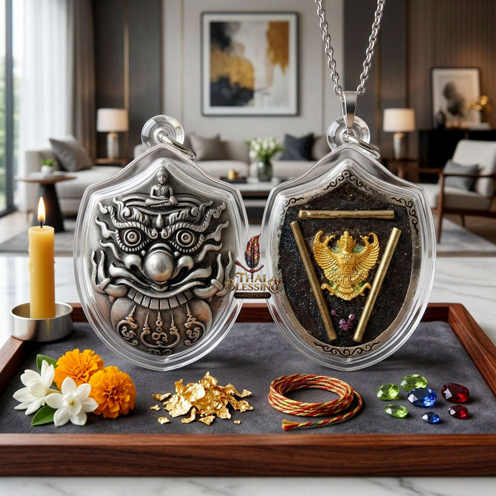 ✨ [Elite Wealth & Elevation] Sacred Phra Rahu Destiny-Support Satin-Silver Bronze Talisman – Garuda-Blessed by Luang Pu Nen Kaew (2012 Rare Relic) Thai Blessing Co By RURUECHA