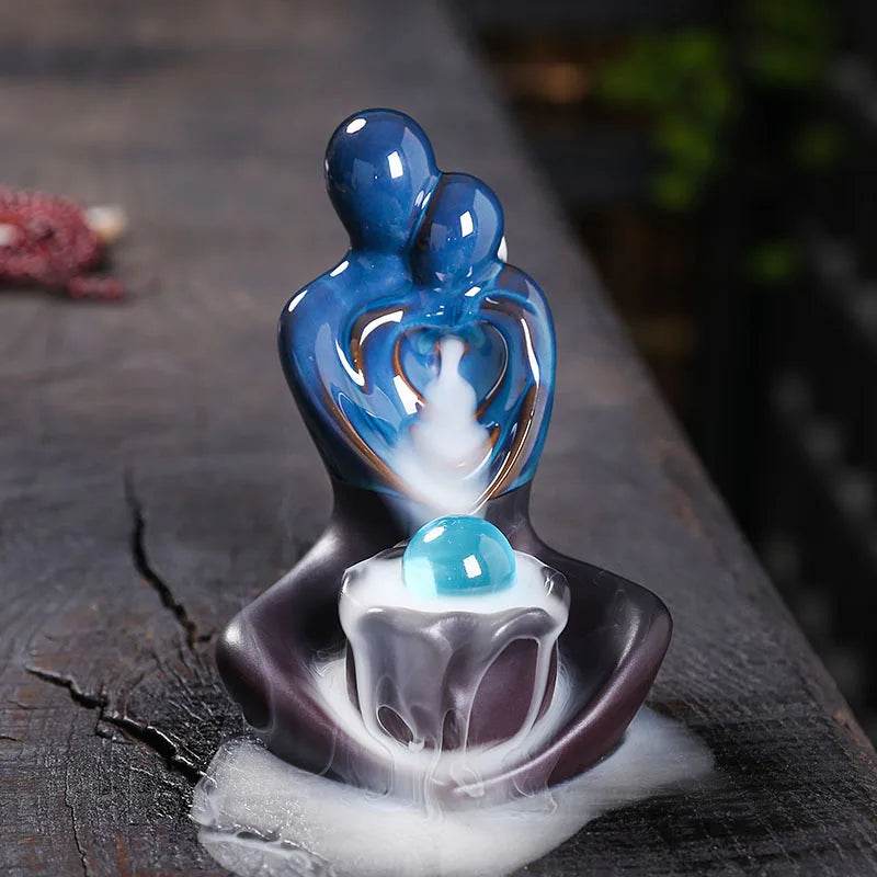 Thai Blessing Co ceramic backflow incense burner blue embracing couple figurine with smoke waterfall