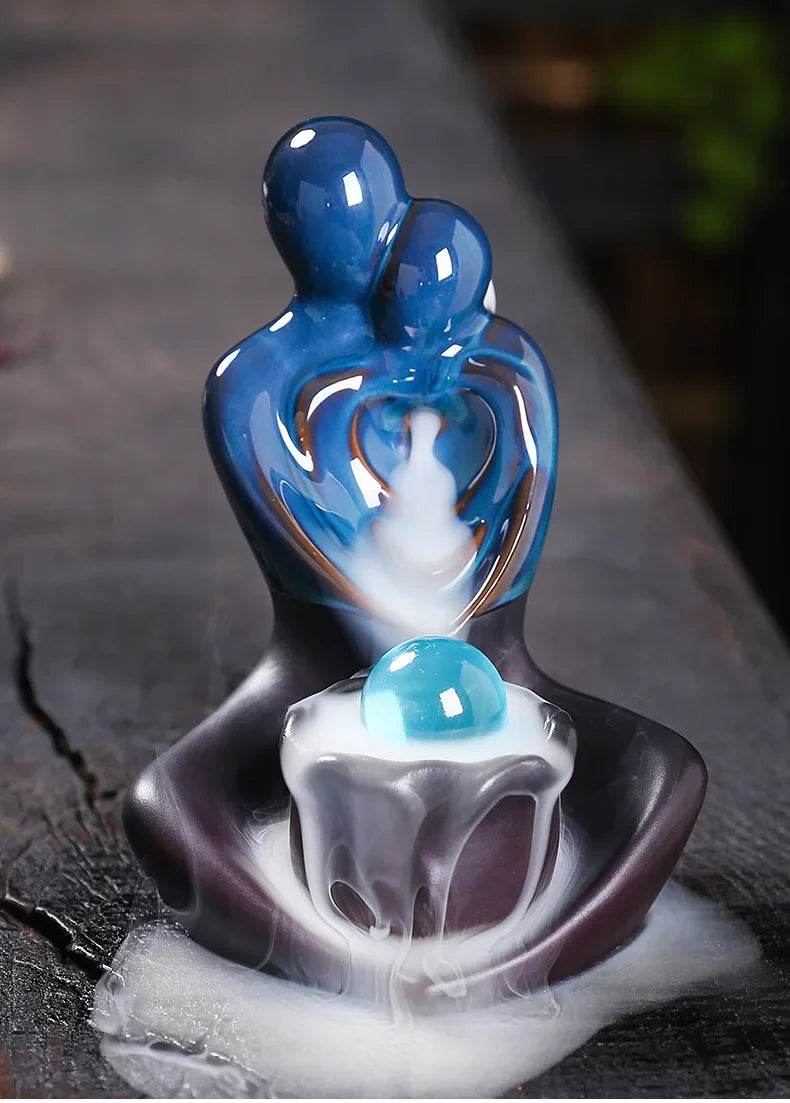 Blue glazed embracing couple ceramic sculpture with flowing smoke over cup ceramic backflow incense burner for home decor