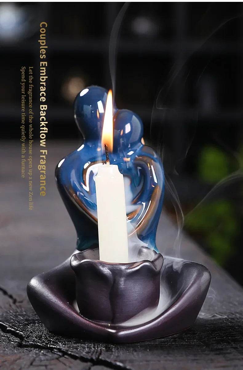 Thai Blessing Co ceramic backflow incense burner blue embracing couple with lotus base and cascading smoke