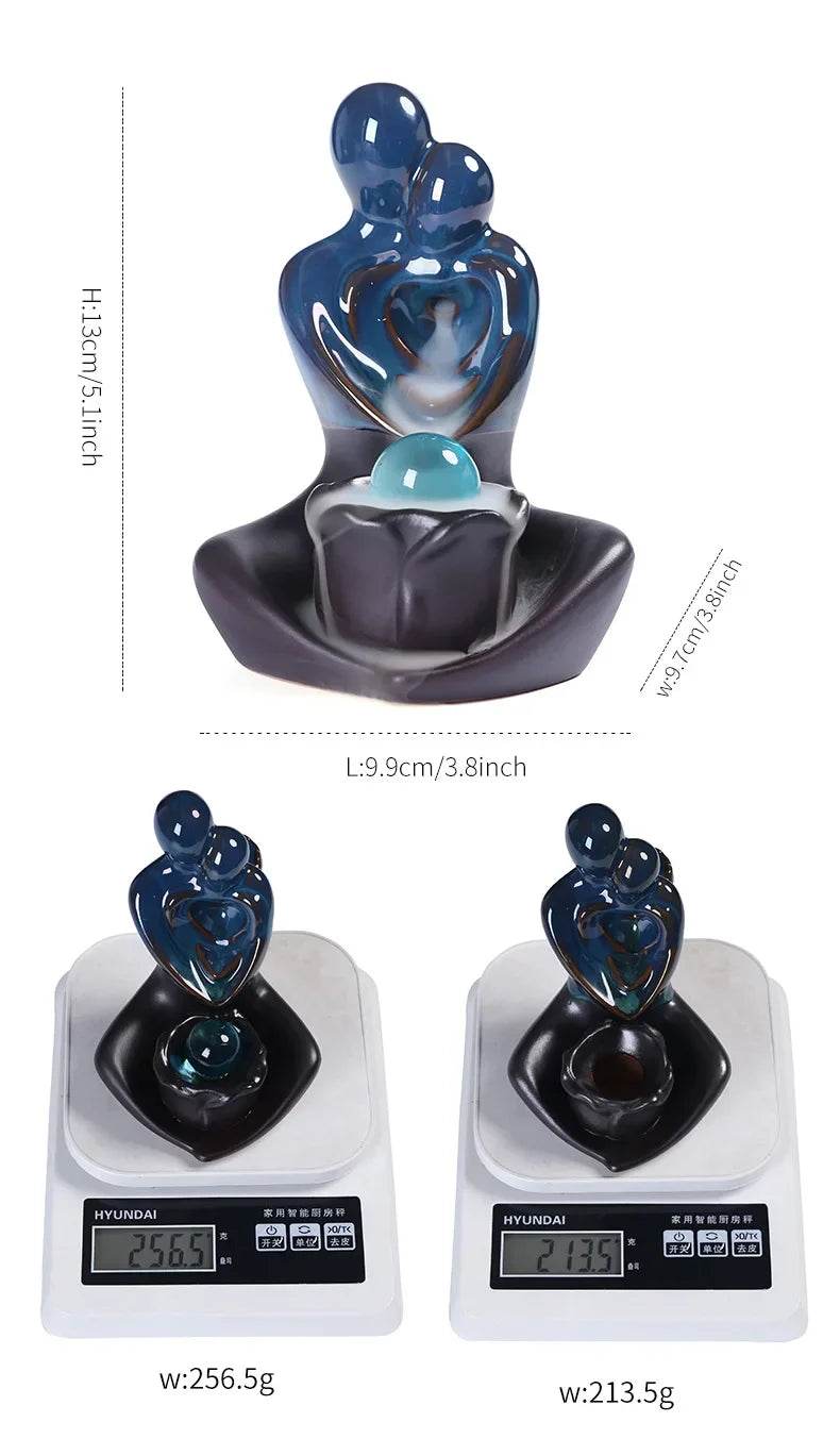 ceramic backflow incense burner blue glazed abstract couple on lotus base with teal orb and scale weights