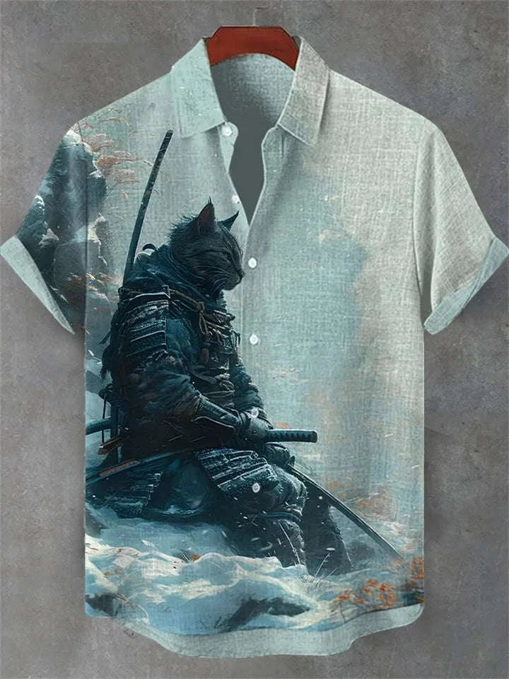 ✨ Emerald Noir Retro-Linen Cat Shirt: Men’s Artistic Dark Green Short Sleeve Top with Vintage Black Cat Graphic & Breathable Heritage Fabric (2026 Edition)