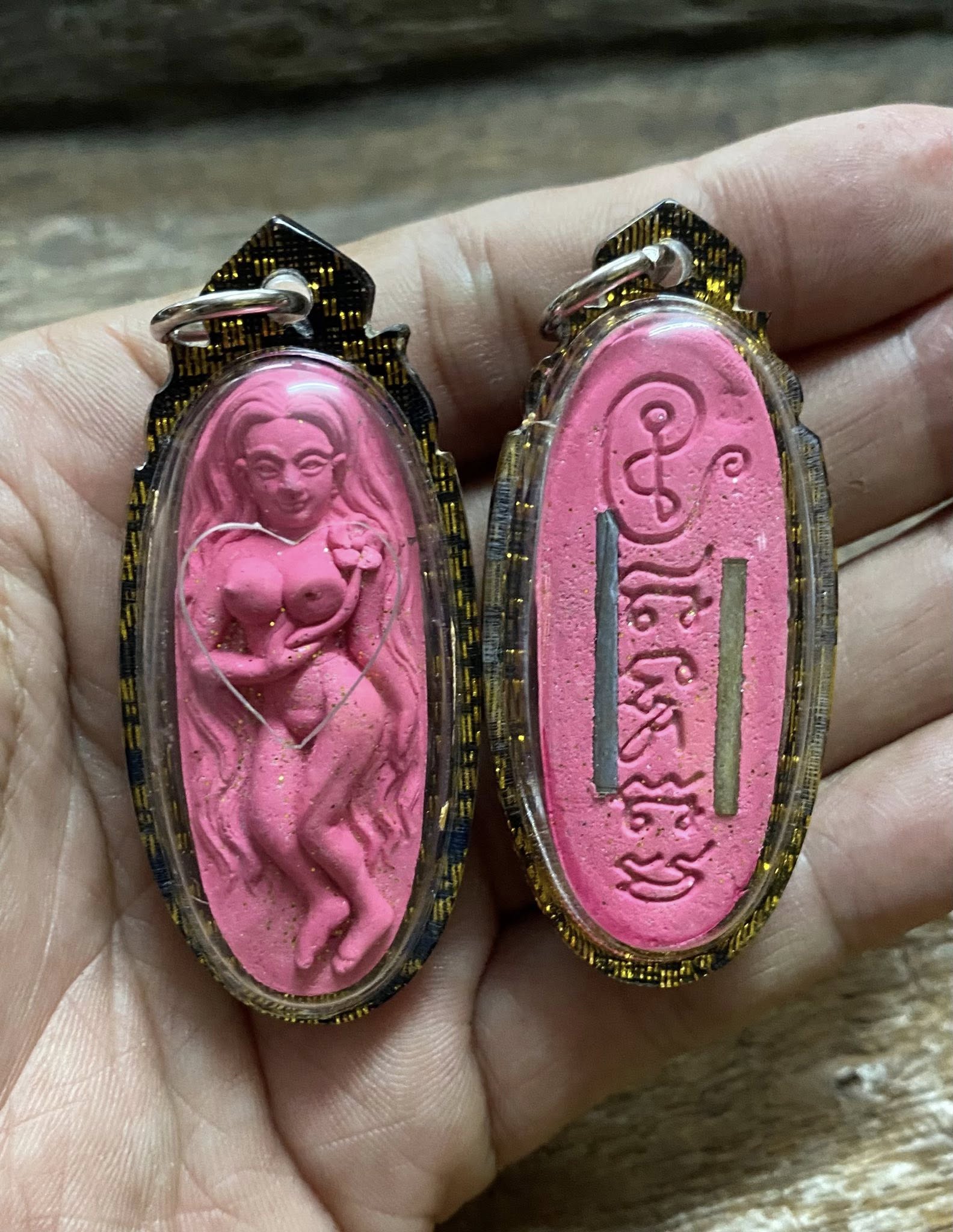 Enchanting Grace Mae Nuea Hom charm with pink female figure and sacred inscriptions by Thai Blessing Co