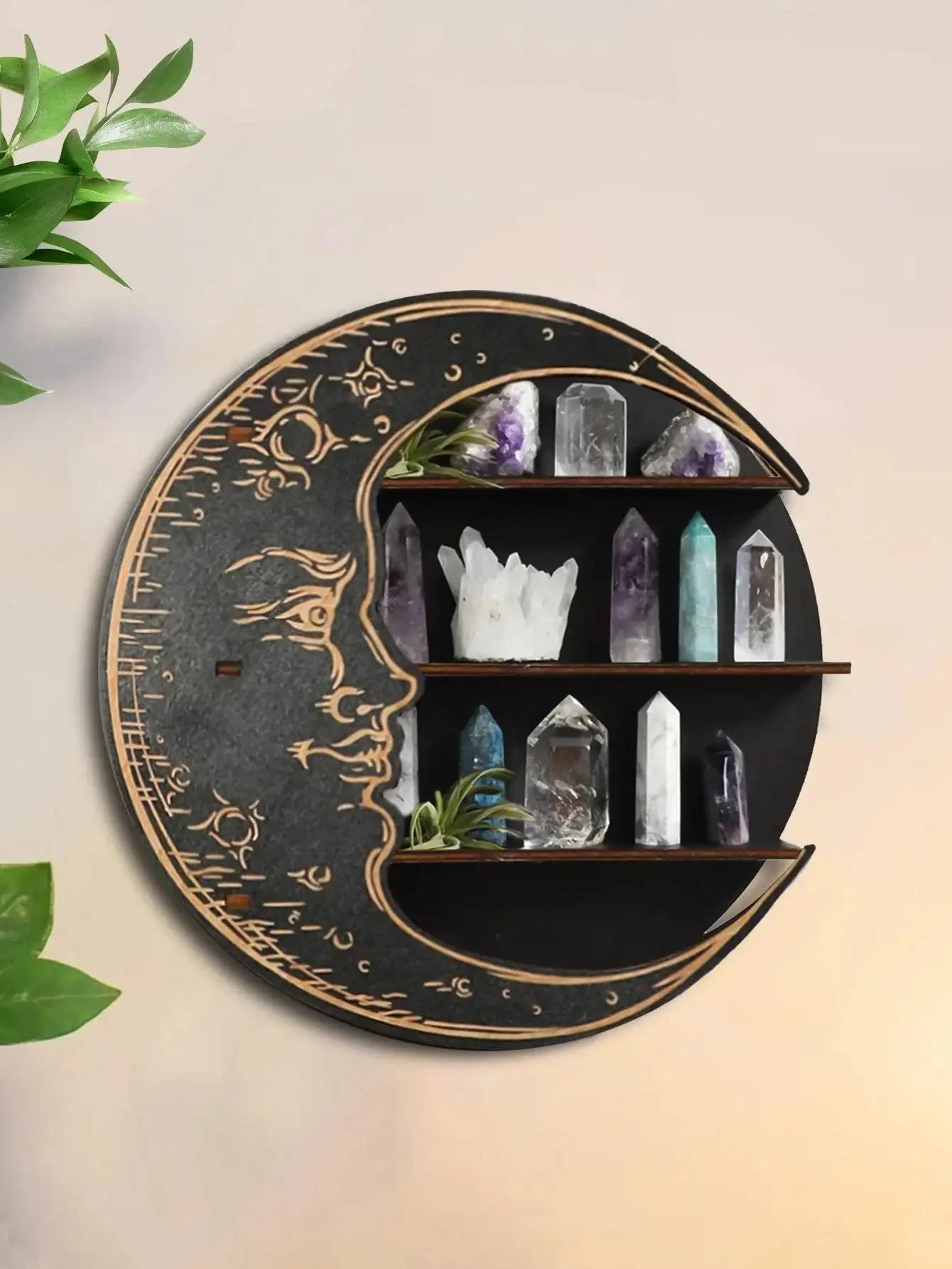 🌙✨Enchanting Wooden Moon Face Floating Shelf – Boho Crystal Display & Wall Decor for Sacred Home Organization✨🌙