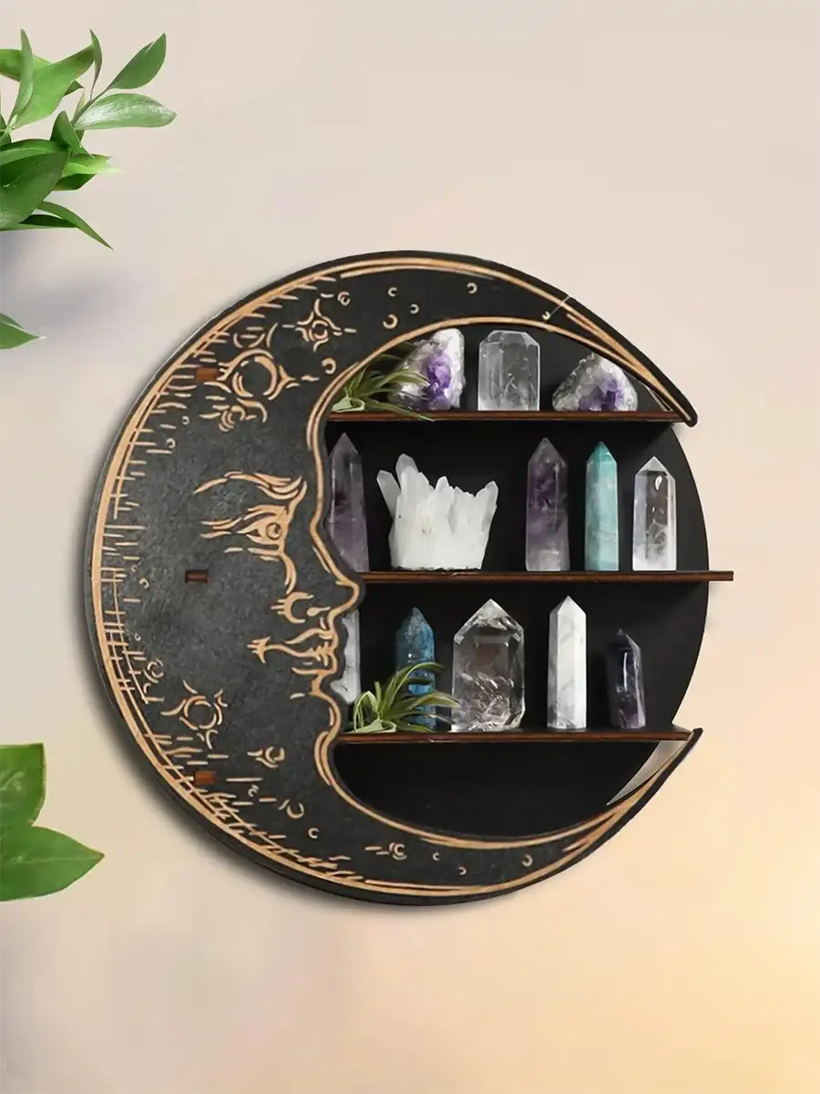 🌙✨Enchanting Wooden Moon Face Floating Shelf – Boho Crystal Display & Wall Decor for Sacred Home Organization✨🌙