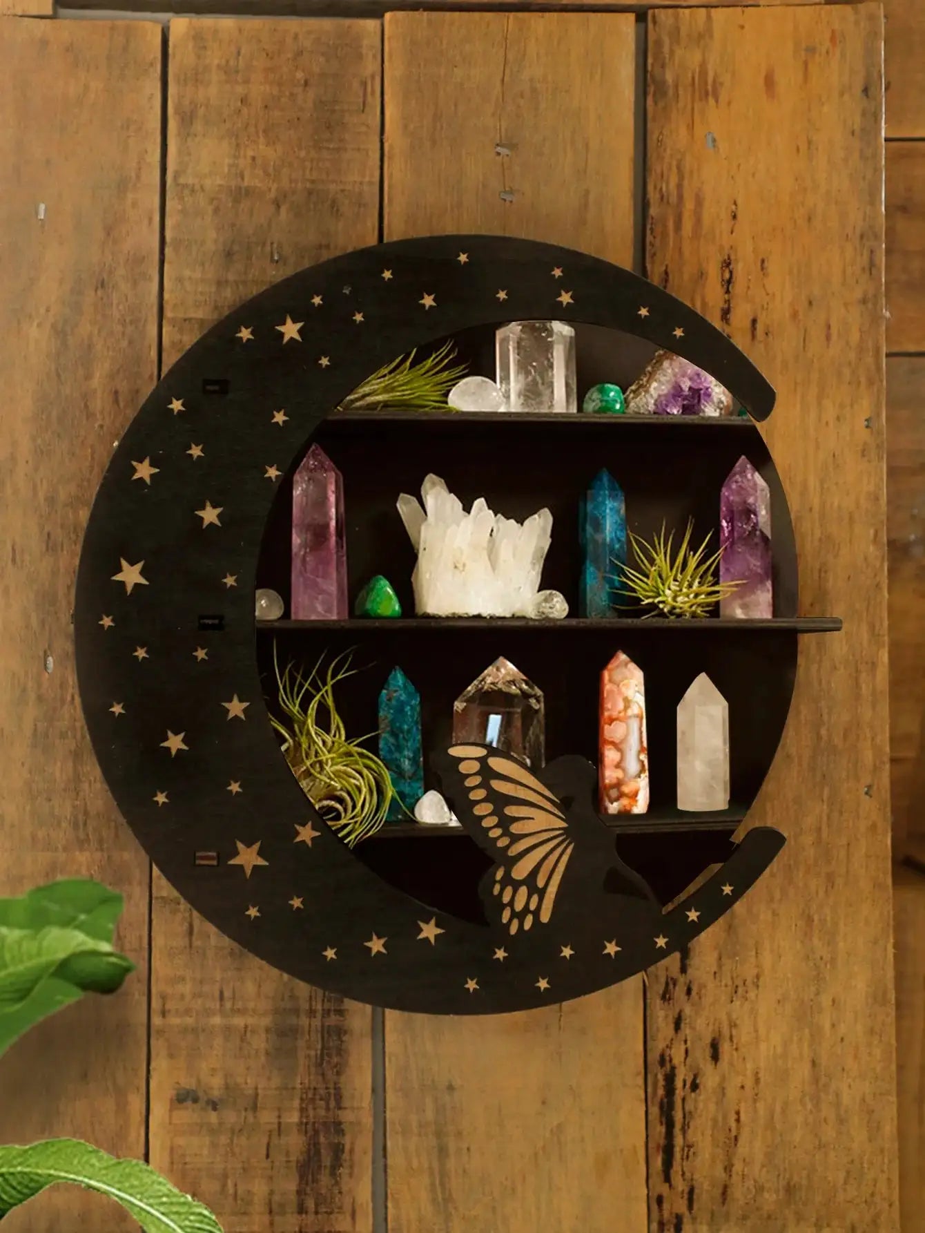 🌙✨Enchanting Wooden Moon Face Floating Shelf – Boho Crystal Display & Wall Decor for Sacred Home Organization✨🌙 TK-M01488