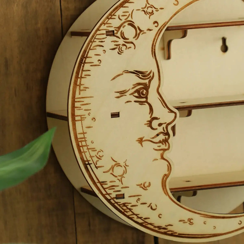 🌙✨Enchanting Wooden Moon Face Floating Shelf – Boho Crystal Display & Wall Decor for Sacred Home Organization✨🌙