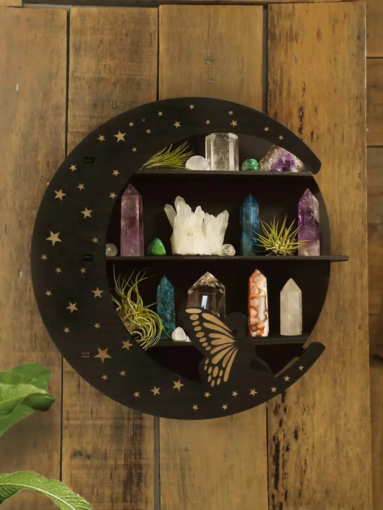 🌙✨Enchanting Wooden Moon Face Floating Shelf – Boho Crystal Display & Wall Decor for Sacred Home Organization✨🌙 Shelf M01488-1