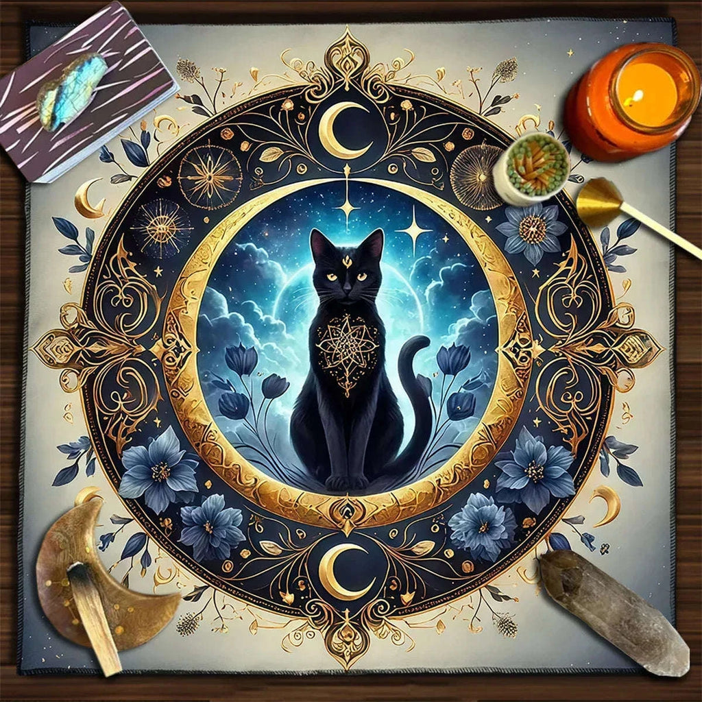 🐾Esoteric Black Cat Tarot Tablecloth | Star Moon Waterproof Dining Table Decor & Accessories – Ritual Altar Theme Decor YLB-7
