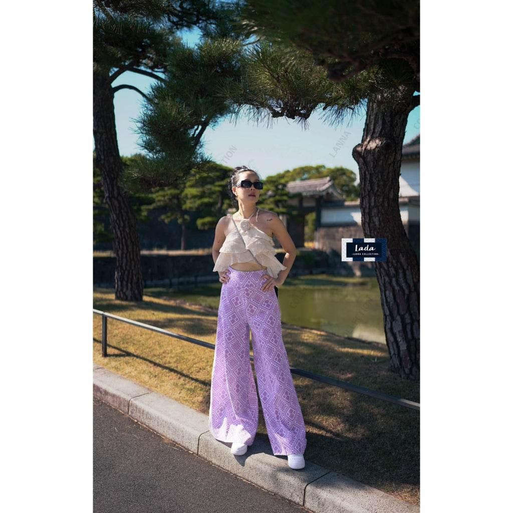Ethnic Wide-Leg Cotton Pants - High-Waisted Travel-Friendly Trousers in Red, Purple & Cream | Sizes S–XL ม่วง