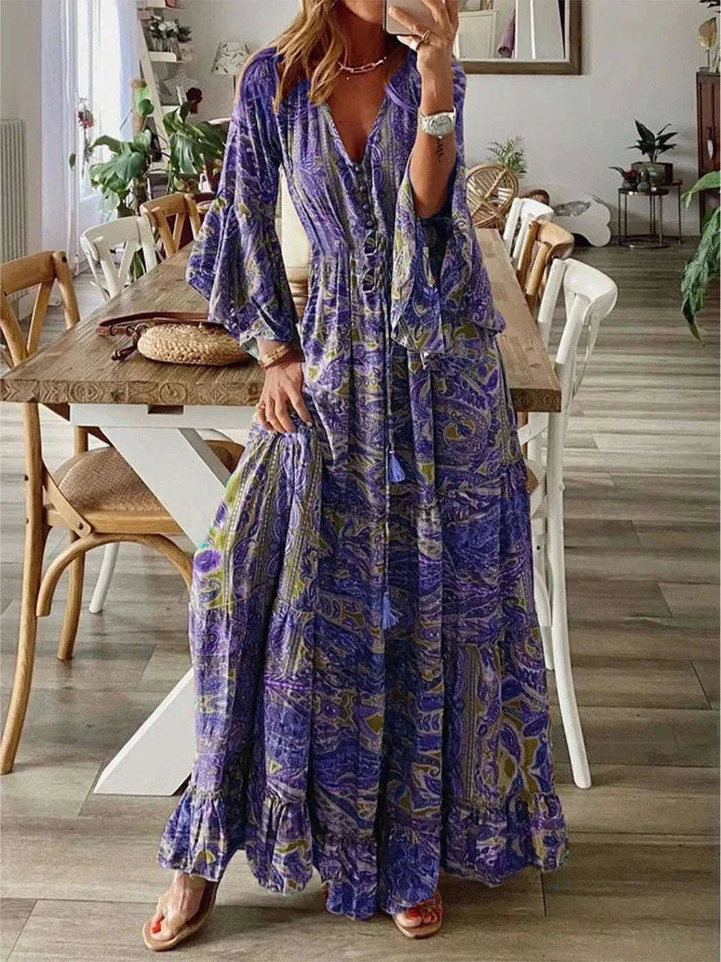 European American Bohemian Floral Vacation Dress with Flared Sleeves and High Waisted Long Skirt Purple