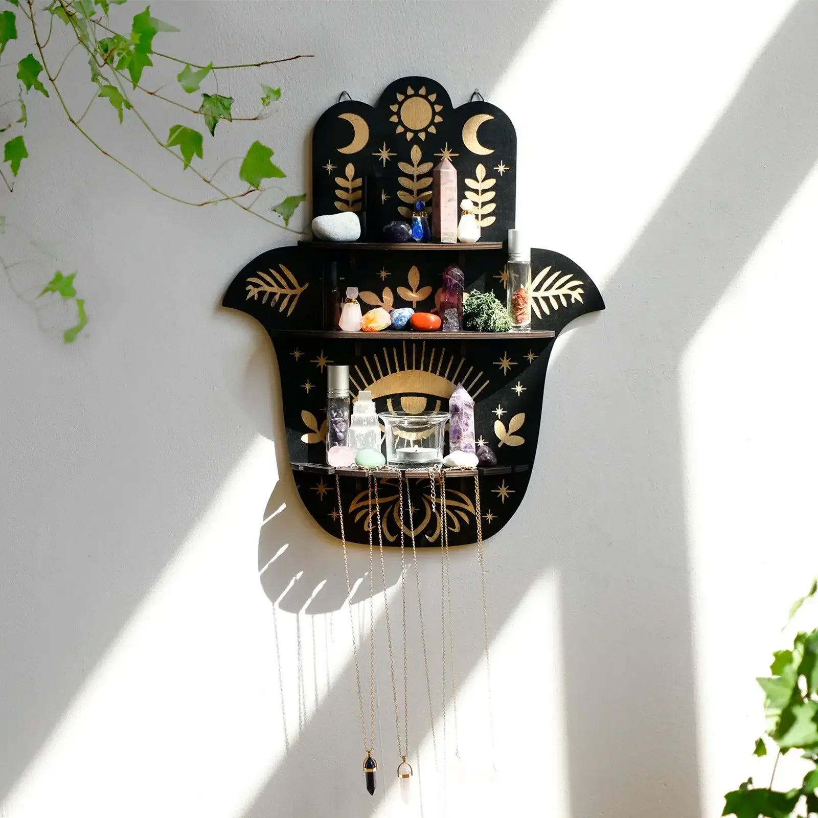 Evil Eye Crystal Wall Shelf – Multilayer Wooden Hanging Display Stand for Bohemian Home Decor and Sacred Stone Storage
