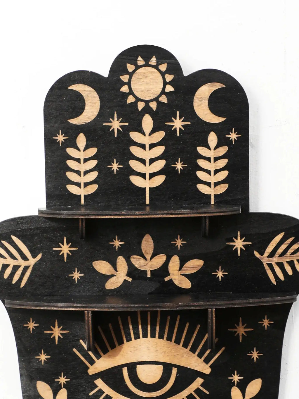 Evil Eye Crystal Wall Shelf – Multilayer Wooden Hanging Display Stand for Bohemian Home Decor and Sacred Stone Storage