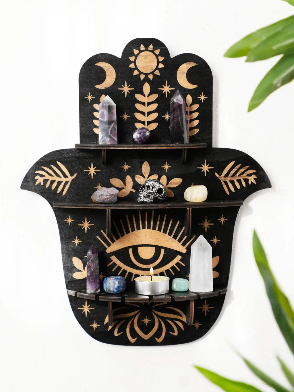 Evil Eye Crystal Wall Shelf – Multilayer Wooden Hanging Display Stand for Bohemian Home Decor and Sacred Stone Storage