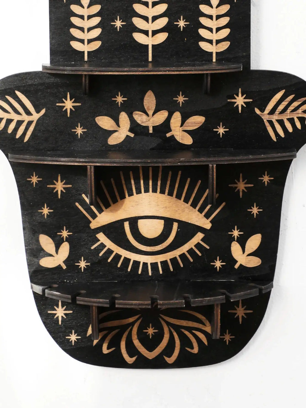 Evil Eye Crystal Wall Shelf – Multilayer Wooden Hanging Display Stand for Bohemian Home Decor and Sacred Stone Storage