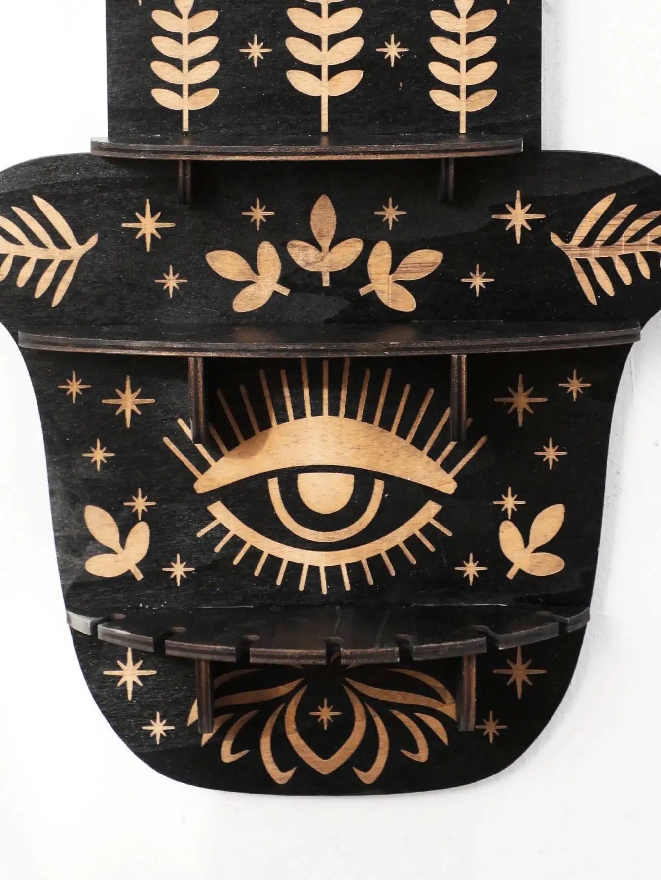 Evil Eye Crystal Wall Shelf – Multilayer Wooden Hanging Display Stand for Bohemian Home Decor and Sacred Stone Storage