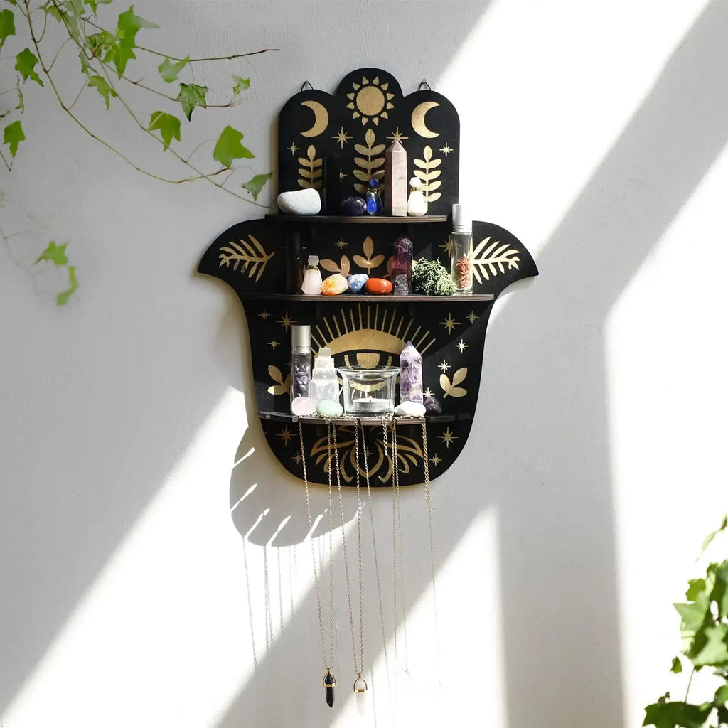 Evil Eye Crystal Wall Shelf – Multilayer Wooden Hanging Display Stand for Bohemian Home Decor and Sacred Stone Storage