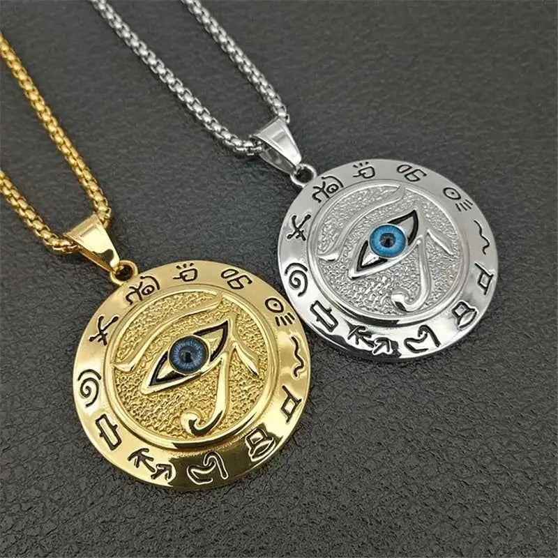 👁️ Eye of Horus Muslim Rune Pattern Round Pendant Necklace – Men’s Unisex Sliding Chain | Protective Metal Amulet with Ancient Symbolism