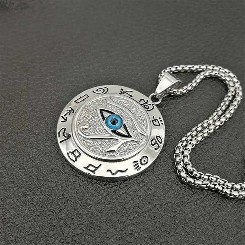 👁️ Eye of Horus Muslim Rune Pattern Round Pendant Necklace – Men’s Unisex Sliding Chain | Protective Metal Amulet with Ancient Symbolism