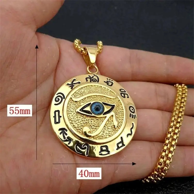 👁️ Eye of Horus Muslim Rune Pattern Round Pendant Necklace – Men’s Unisex Sliding Chain | Protective Metal Amulet with Ancient Symbolism