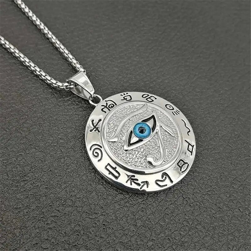 👁️ Eye of Horus Muslim Rune Pattern Round Pendant Necklace – Men’s Unisex Sliding Chain | Protective Metal Amulet with Ancient Symbolism