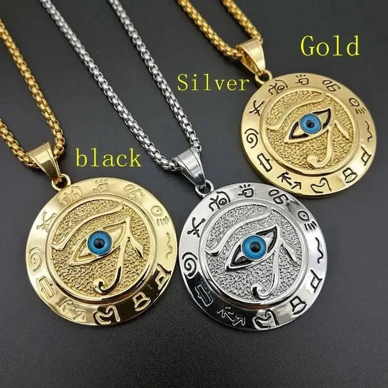👁️ Eye of Horus Muslim Rune Pattern Round Pendant Necklace – Men’s Unisex Sliding Chain | Protective Metal Amulet with Ancient Symbolism