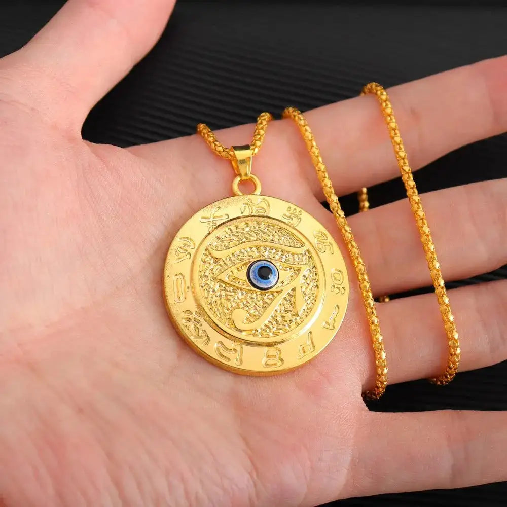 👁️ Eye of Horus Muslim Rune Pattern Round Pendant Necklace – Men’s Unisex Sliding Chain | Protective Metal Amulet with Ancient Symbolism -black