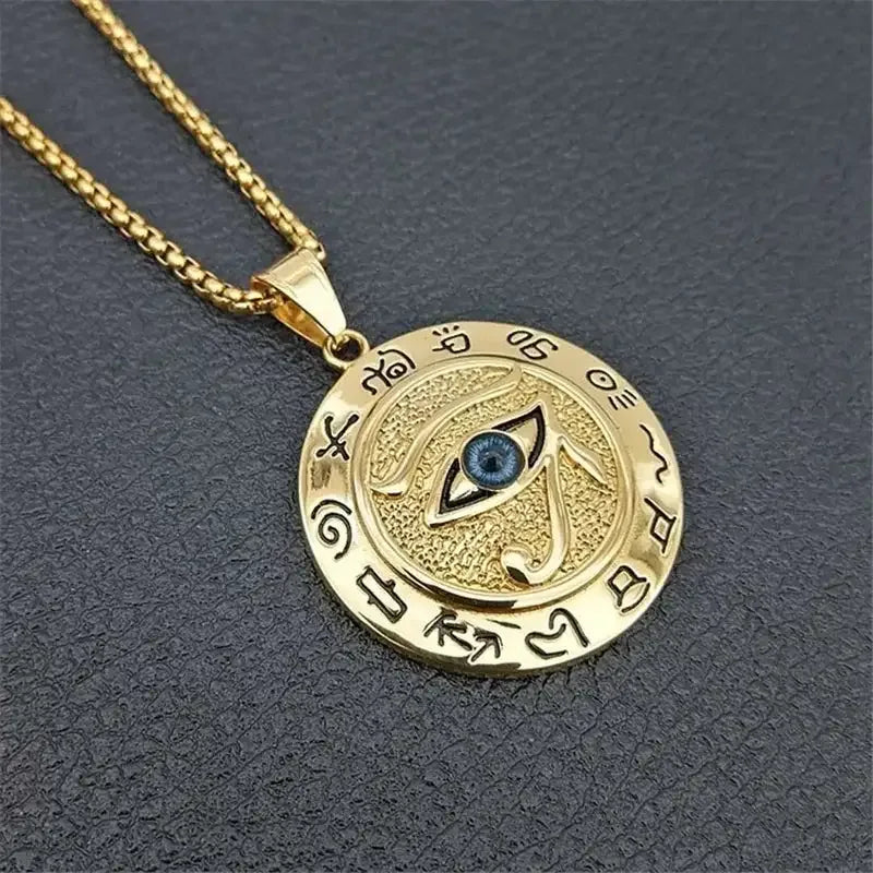 👁️ Eye of Horus Muslim Rune Pattern Round Pendant Necklace – Men’s Unisex Sliding Chain | Protective Metal Amulet with Ancient Symbolism