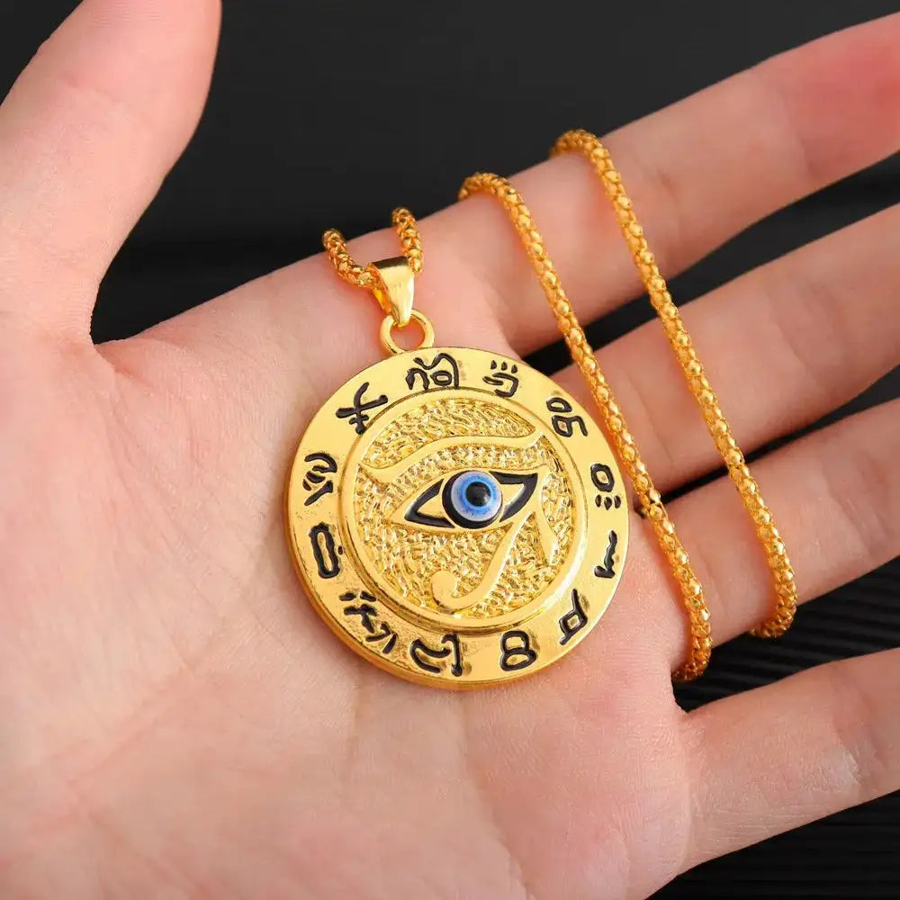 👁️ Eye of Horus Muslim Rune Pattern Round Pendant Necklace – Men’s Unisex Sliding Chain | Protective Metal Amulet with Ancient Symbolism -gold