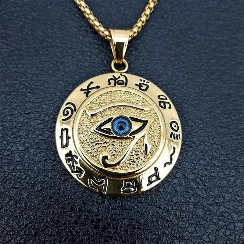 👁️ Eye of Horus Muslim Rune Pattern Round Pendant Necklace – Men’s Unisex Sliding Chain | Protective Metal Amulet with Ancient Symbolism