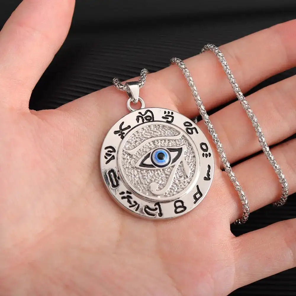 👁️ Eye of Horus Muslim Rune Pattern Round Pendant Necklace – Men’s Unisex Sliding Chain | Protective Metal Amulet with Ancient Symbolism -silver