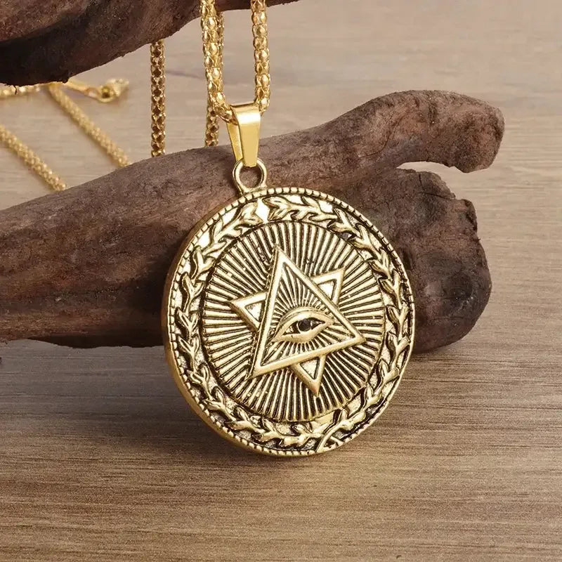 👁️ Eye Of Horus Round Pendant Necklace – Silver Color | Retro Rune Design | Stainless Steel Chain | Hip Hop Punk Unisex Fashion Jewelry A7685-Gold