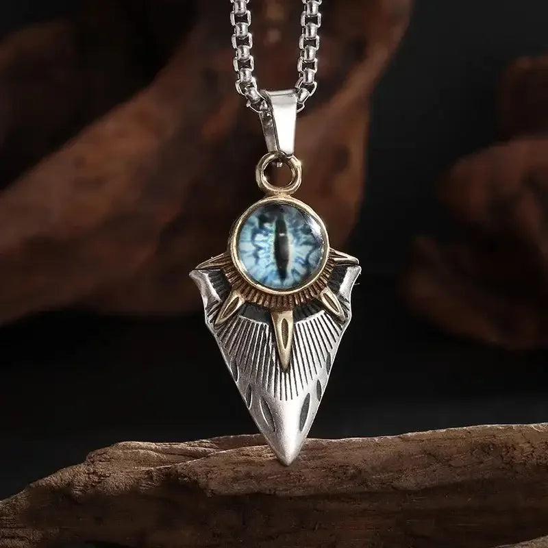 👁️ Eye Of Horus Round Pendant Necklace – Silver Color | Retro Rune Design | Stainless Steel Chain | Hip Hop Punk Unisex Fashion Jewelry AL20479-Blue