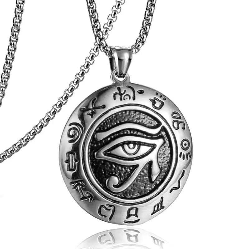 👁️ Eye Of Horus Round Pendant Necklace – Silver Color | Retro Rune Design | Stainless Steel Chain | Hip Hop Punk Unisex Fashion Jewelry silver color