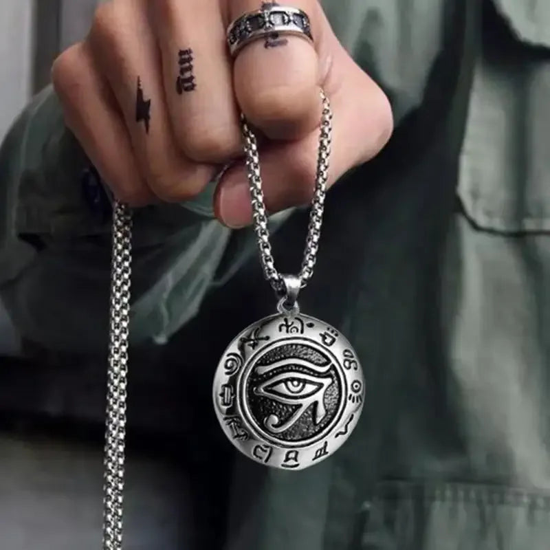 👁️ Eye Of Horus Round Pendant Necklace – Silver Color | Retro Rune Design | Stainless Steel Chain | Hip Hop Punk Unisex Fashion Jewelry