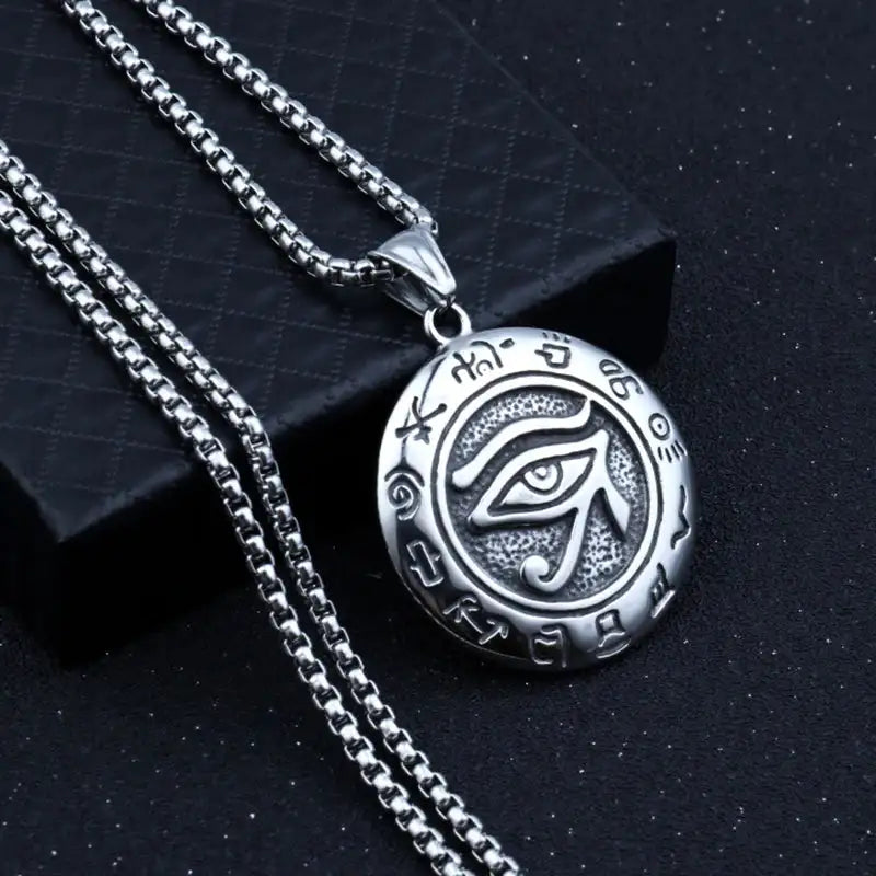👁️ Eye Of Horus Round Pendant Necklace – Silver Color | Retro Rune Design | Stainless Steel Chain | Hip Hop Punk Unisex Fashion Jewelry