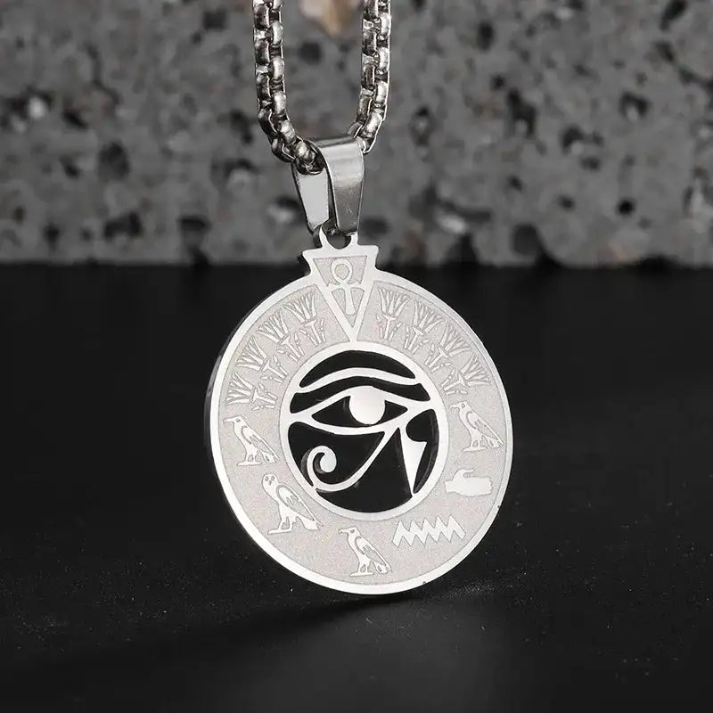 👁️ Eye Of Horus Round Pendant Necklace – Silver Color | Retro Rune Design | Stainless Steel Chain | Hip Hop Punk Unisex Fashion Jewelry AL20749-Silver