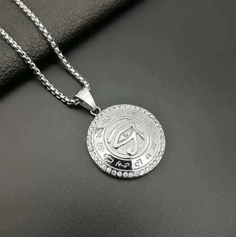 👁️ Eye Of Horus Round Pendant Necklace – Silver Color | Retro Rune Design | Stainless Steel Chain | Hip Hop Punk Unisex Fashion Jewelry A20644-Silver