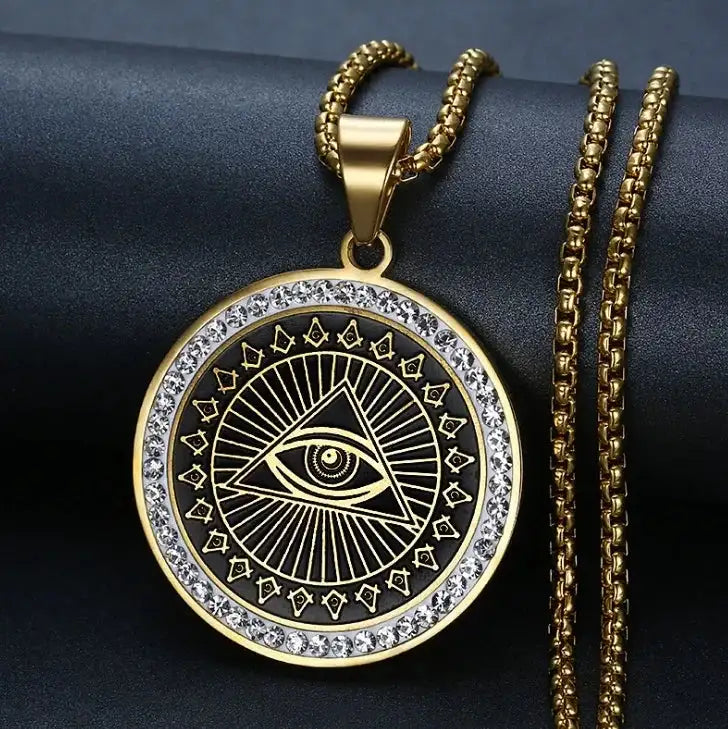 👁️ Eye Of Horus Round Pendant Necklace – Silver Color | Retro Rune Design | Stainless Steel Chain | Hip Hop Punk Unisex Fashion Jewelry A7117-Gold