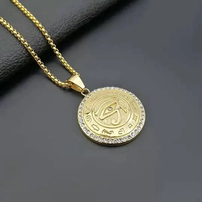 👁️ Eye Of Horus Round Pendant Necklace – Silver Color | Retro Rune Design | Stainless Steel Chain | Hip Hop Punk Unisex Fashion Jewelry A20644-Gold