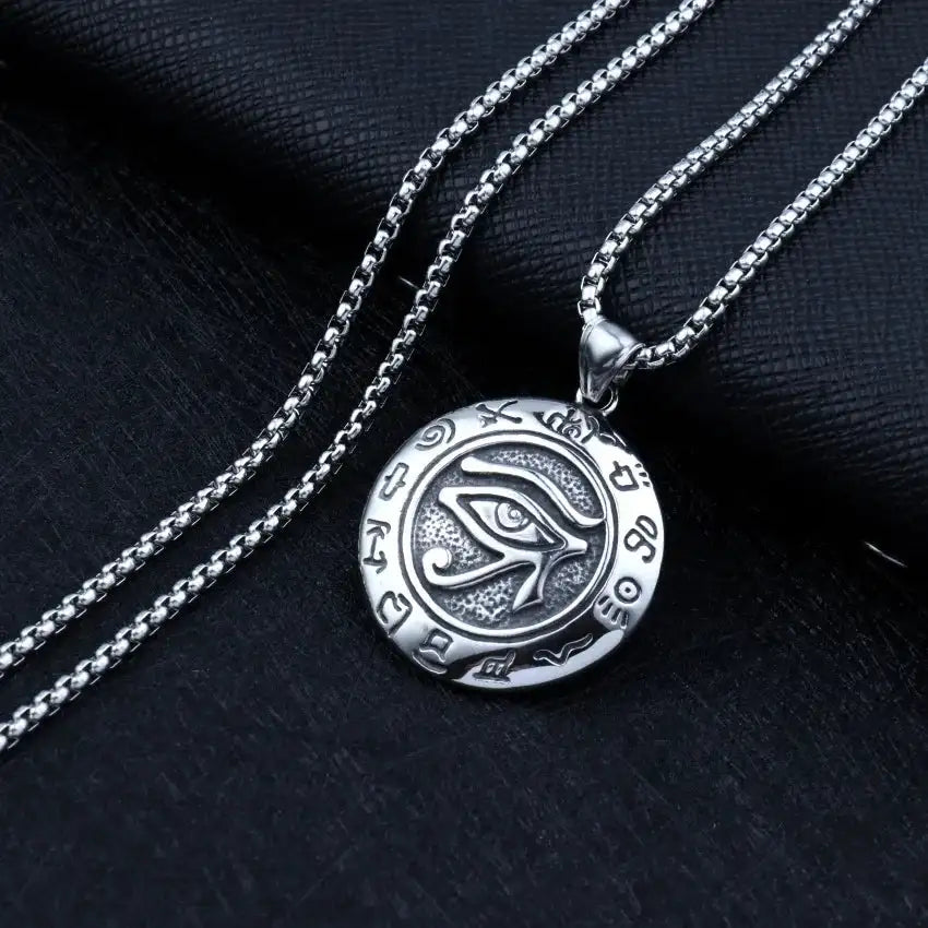 👁️ Eye Of Horus Round Pendant Necklace – Silver Color | Retro Rune Design | Stainless Steel Chain | Hip Hop Punk Unisex Fashion Jewelry
